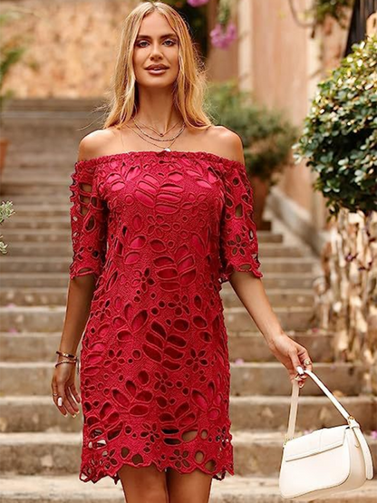 Sunny Days Damen schulterfreies Minikleid mit Ösenspitze