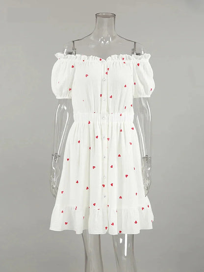 Summer Dresses- White and Red Heart Cotton Off-Shoulder Dress- - Chuzko Women Clothing
