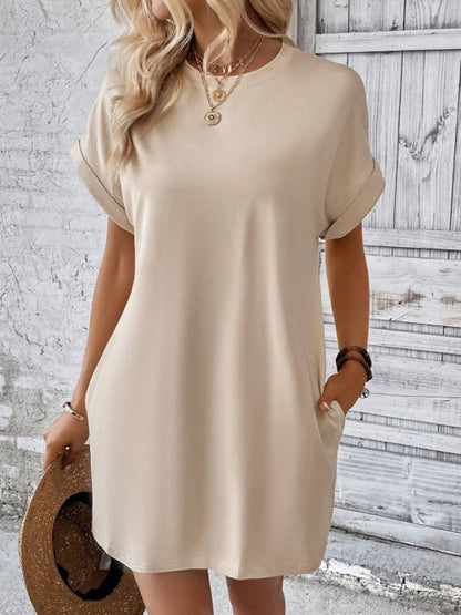 Summer Dresses- Women's Crew Neck Tee Dress in Solid Color- - Pekosa Women Fashion