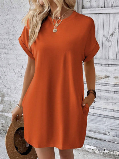 Summer Dresses- Women's Crew Neck Tee Dress in Solid Color- - Pekosa Women Fashion