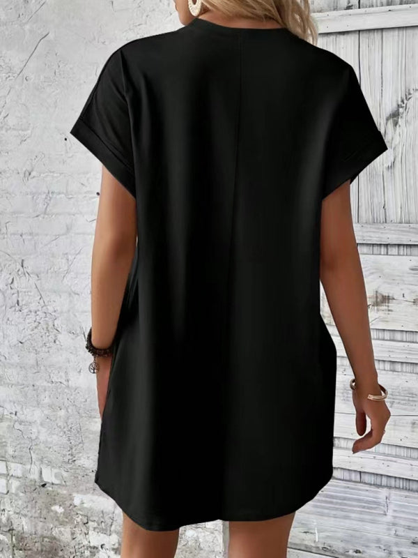 Summer Dresses- Women's Crew Neck Tee Dress in Solid Color- - Pekosa Women Fashion