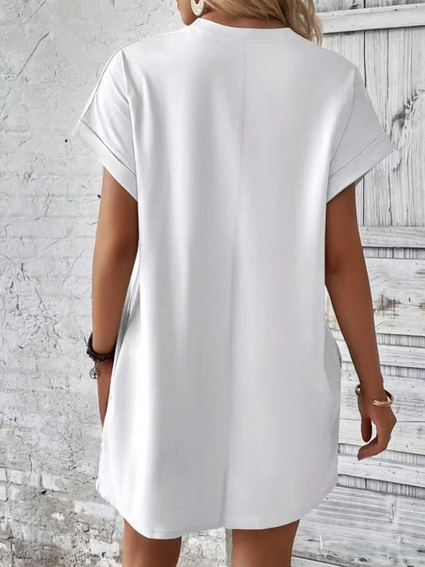 Summer Dresses- Women's Crew Neck Tee Dress in Solid Color- - Pekosa Women Fashion