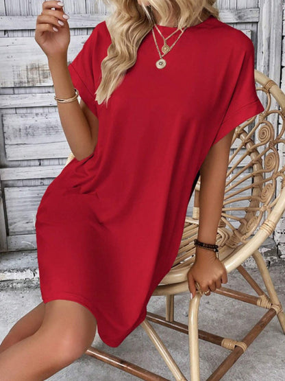 Summer Dresses- Women's Crew Neck Tee Dress in Solid Color- - Pekosa Women Fashion