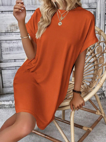 Summer Dresses- Women's Crew Neck Tee Dress in Solid Color- - Pekosa Women Fashion