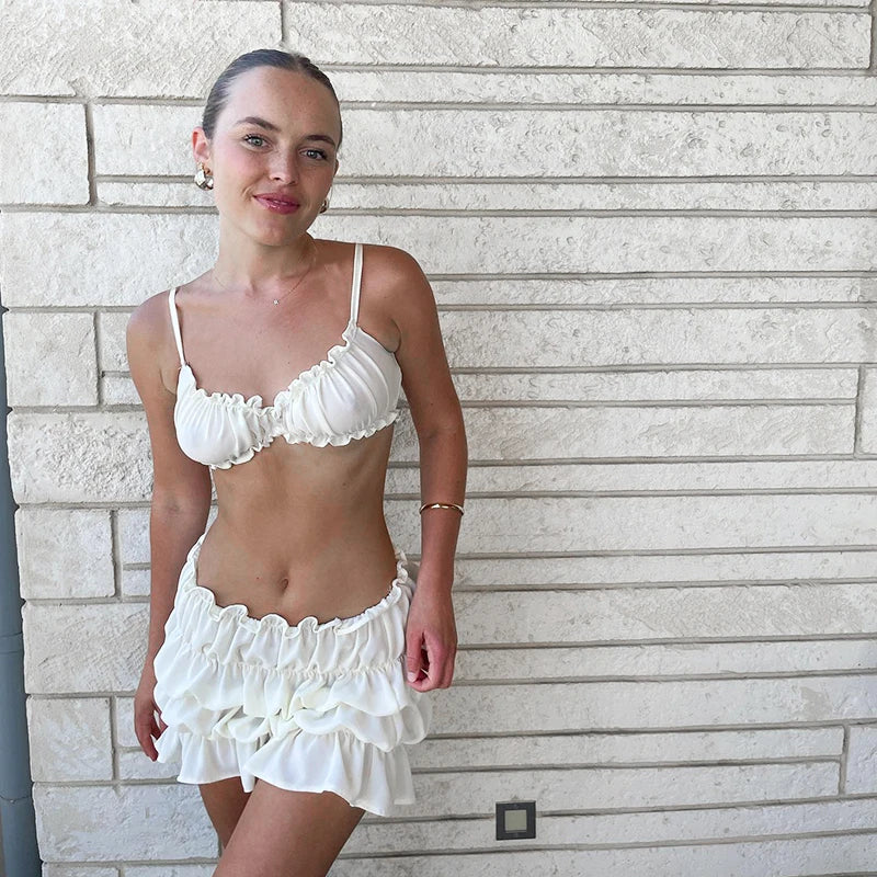 Summer Sheer Ruched Mini Skirt & Cami Combo