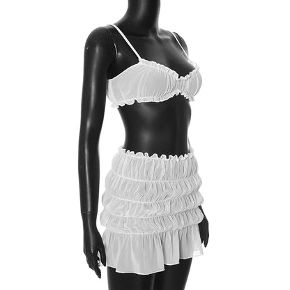 Summer Sheer Ruched Mini Skirt & Cami Combo