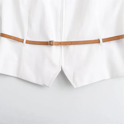 Summer Outfits- Summer Duo Belted Women's Sleeveless Zip-Up Top & Pleated Mini Skirt- - Chuzko Women Clothing