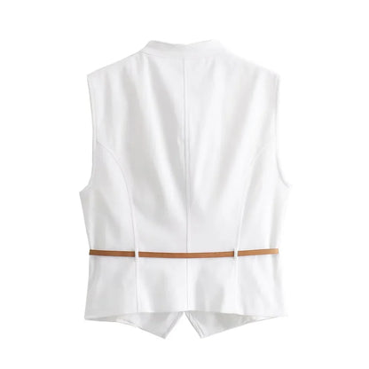 Summer Outfits- Summer Duo Belted Women's Sleeveless Zip-Up Top & Pleated Mini Skirt- - Chuzko Women Clothing
