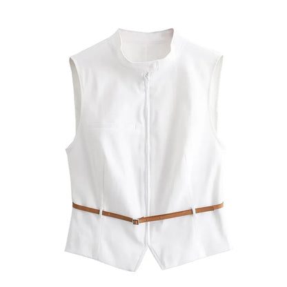Summer Outfits- Summer Duo Belted Women's Sleeveless Zip-Up Top & Pleated Mini Skirt- white 1- Chuzko Women Clothing
