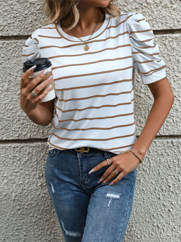 Summer Tops- Women's Striped Puff Sleeve Top for Gatherings- Brown- Pekosa Women Fashion