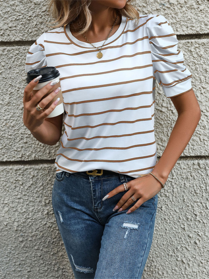 Summer Tops- Women's Striped Puff Sleeve Top for Gatherings- Brown- Pekosa Women Fashion