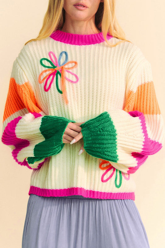 Sweaters - Colorblock Floral Knit Sweater Oversized Jumper