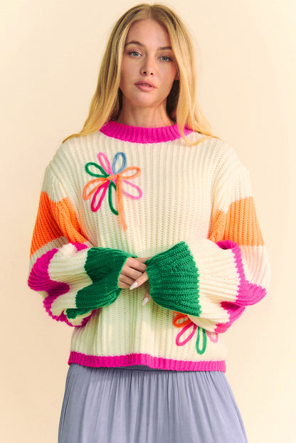 Sweaters - Colorblock Floral Knit Sweater Oversized Jumper