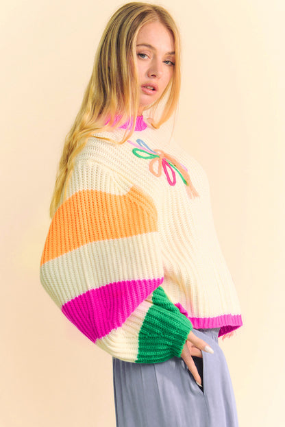 Sweaters - Colorblock Floral Knit Sweater Oversized Jumper