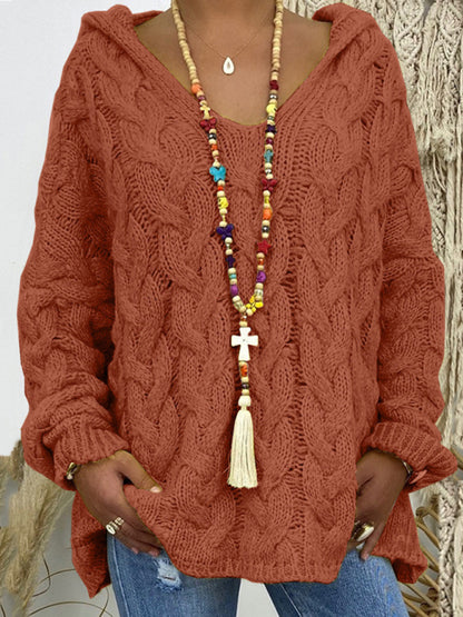 Sweaters - Comfy Hooded Cable Knit Sweater for Women