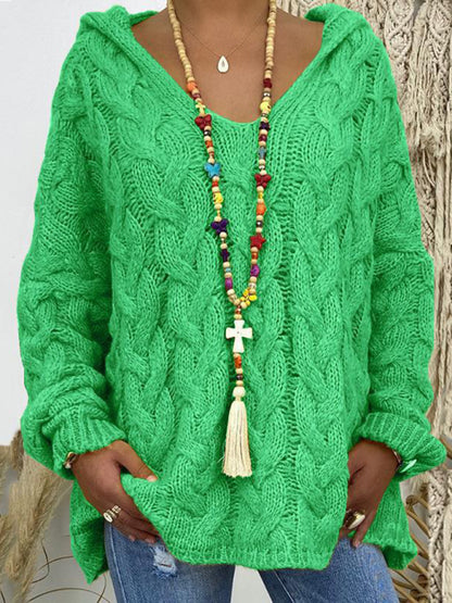Sweaters - Comfy Hooded Cable Knit Sweater for Women