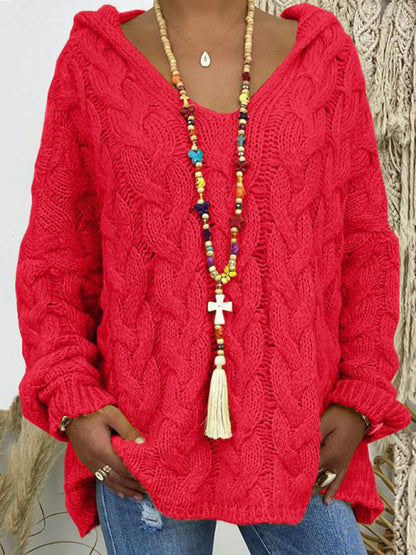 Sweaters - Comfy Hooded Cable Knit Sweater for Women