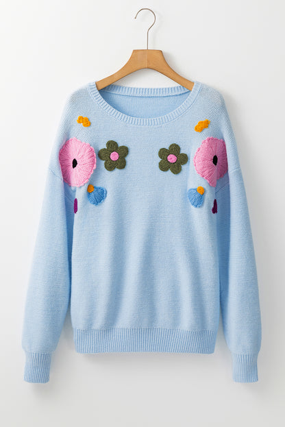 Sweaters - Embroidered Floral Knit Sweater