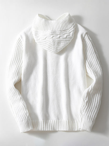 Sweaters - Men's White Cable Knit Sweater with Hood