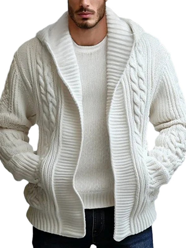 Sweaters - Men's White Cable Knit Sweater with Hood