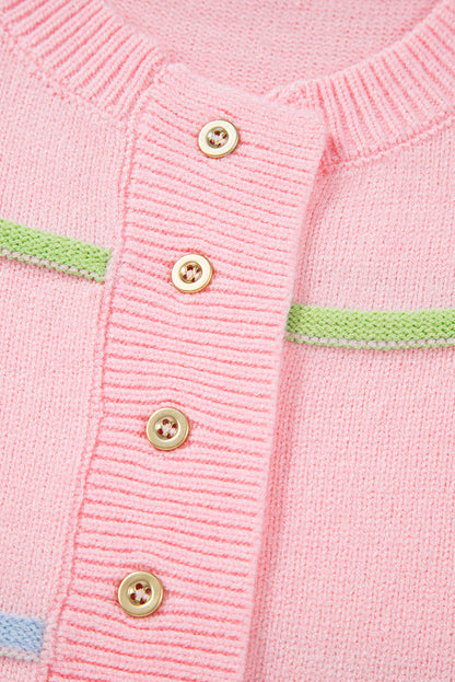 Sweaters - Pastel Striped Henley Sweater Drop Shoulder Knit Jumper