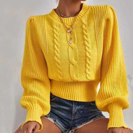 Sweaters- Women Cozy Crewneck Lantern Sleeve Sweater- Yellow- Pekosa Women Fashion