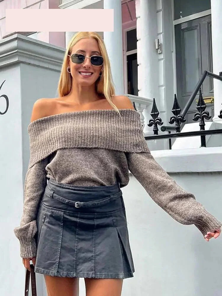 Sweaters- Women's Off-Shoulder Knit Sweater for Fall Days- - Pekosa Women Fashion