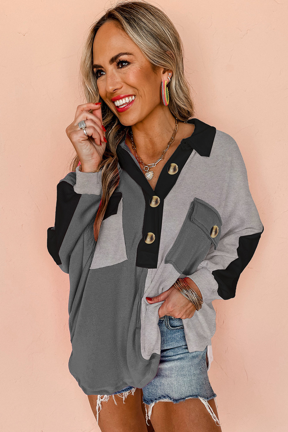 Sweatshirts & Hoodies - Colorblock Oversized Sweatshirt Ribbed Top