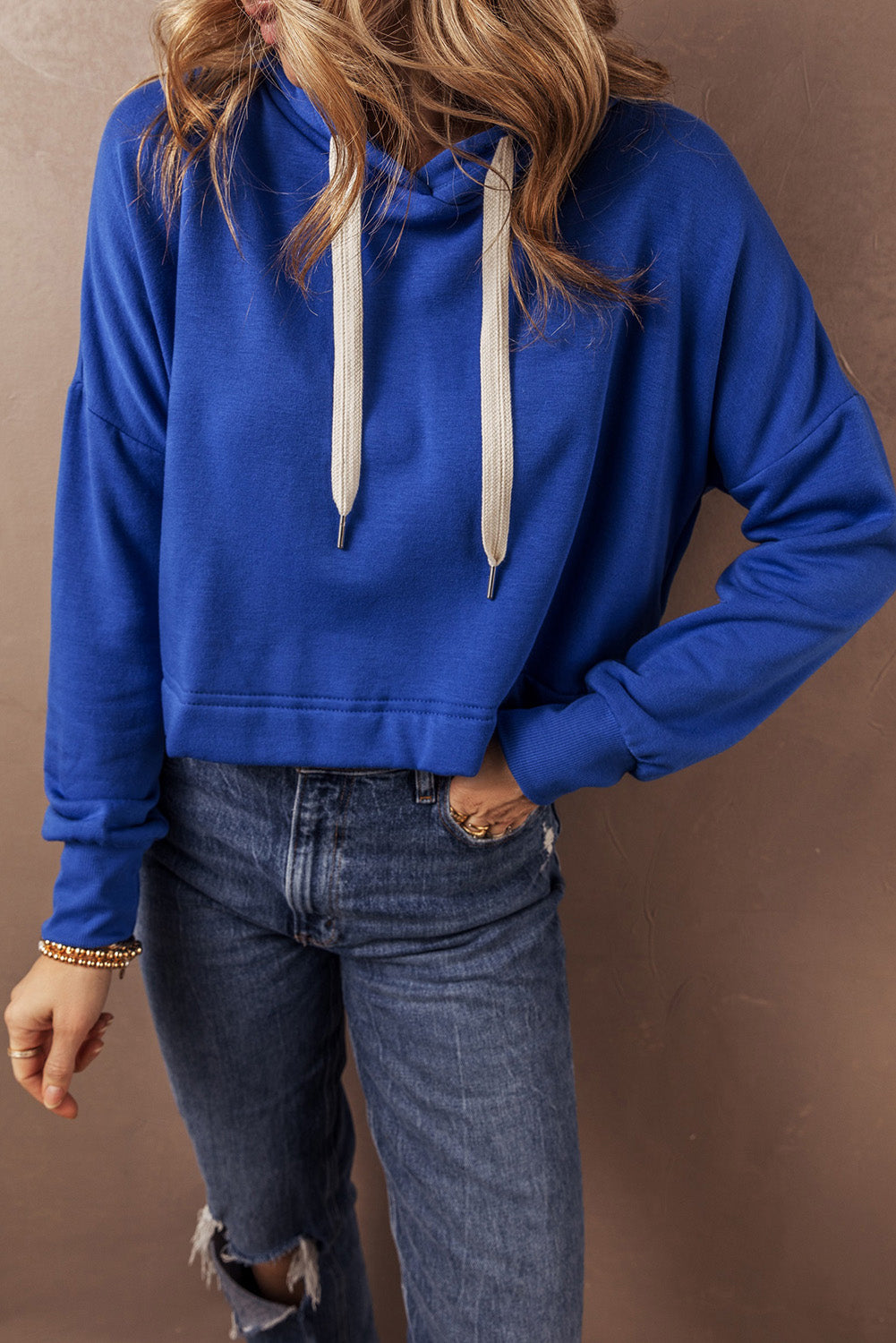 Sweatshirts & Hoodies - Cropped Hoodie with Drawstring Style