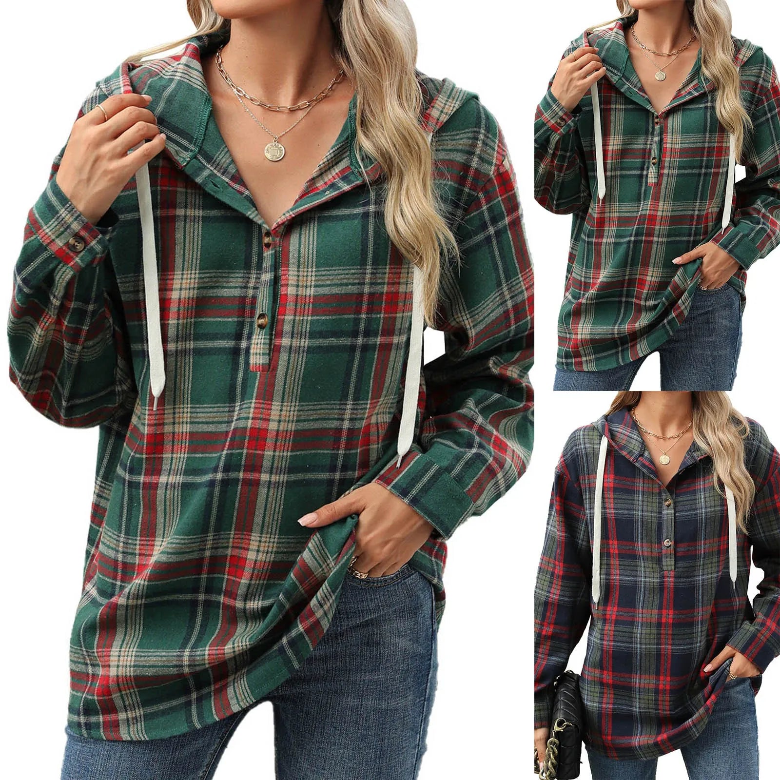 Sweatshirts & Hoodies - Plaid Flannel Hooded Pullover Tops