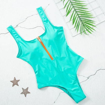 Swimsuits - Women's Vacation One-Piece Swimsuit with Contrast Zip-Up