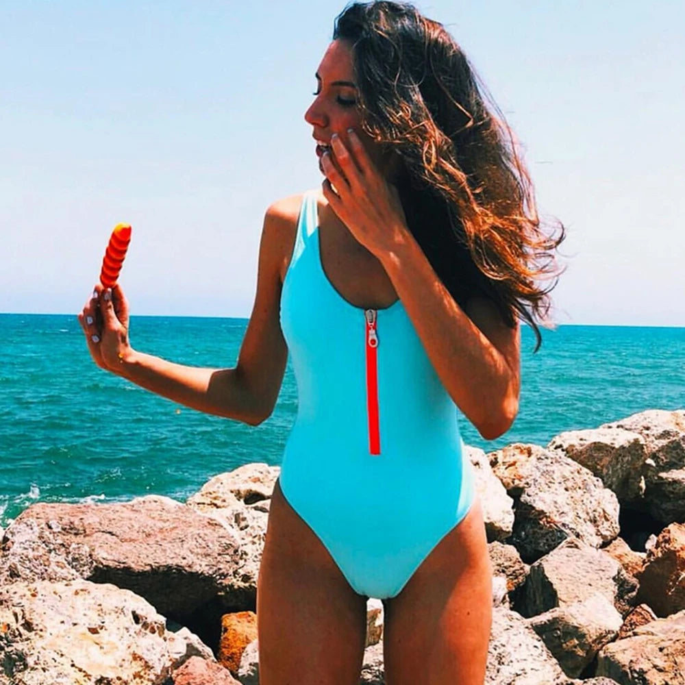 Swimsuits - Women's Vacation One-Piece Swimsuit with Contrast Zip-Up