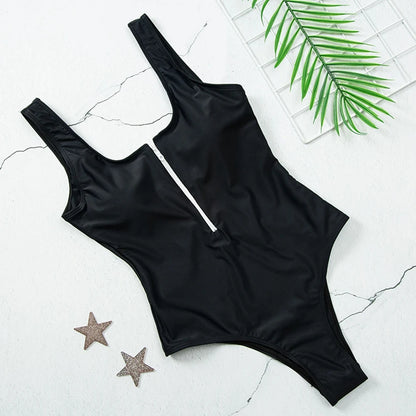 Swimsuits - Women's Vacation One-Piece Swimsuit with Contrast Zip-Up