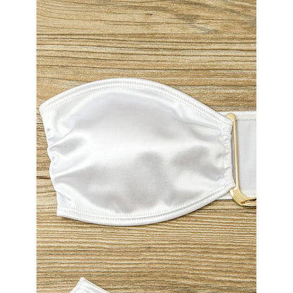 Swimwear - Bandeau 2 Piece Bikini with Satin Finish and Gold Highlights
