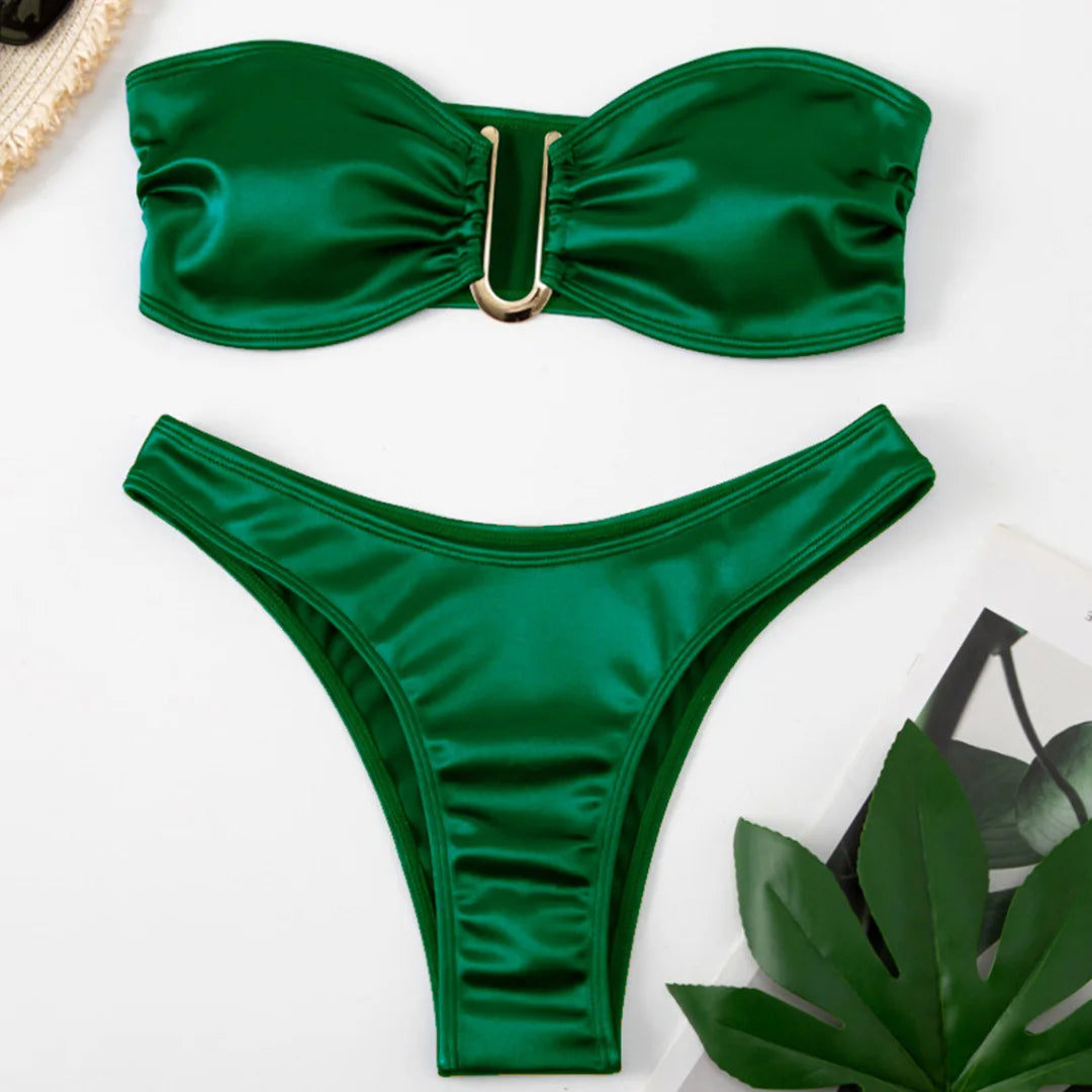 Swimwear - Bandeau 2 Piece Bikini with Satin Finish and Gold Highlights