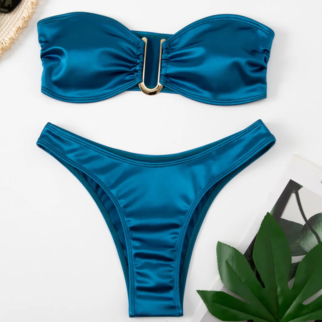 Swimwear - Bandeau 2 Piece Bikini with Satin Finish and Gold Highlights