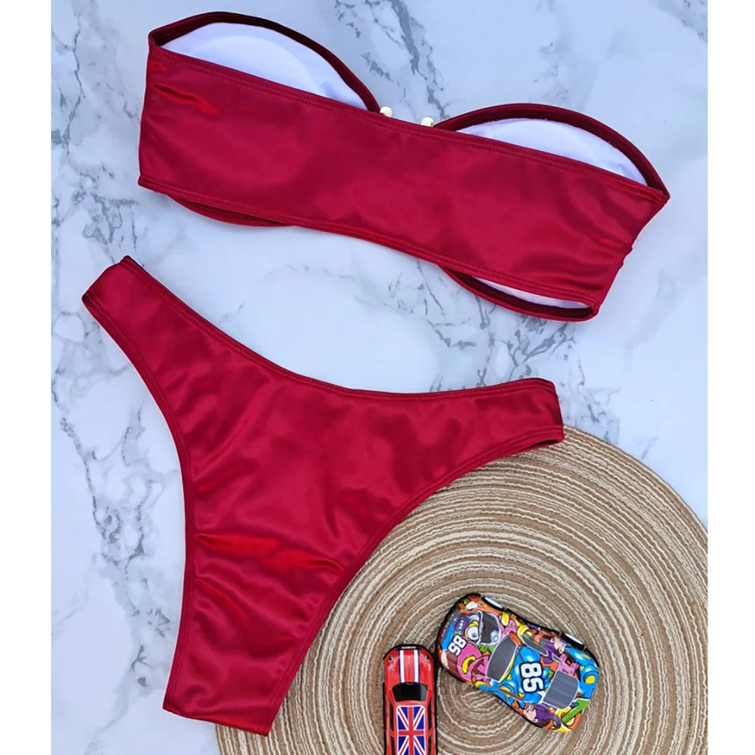 Swimwear - Bandeau 2 Piece Bikini with Satin Finish and Gold Highlights