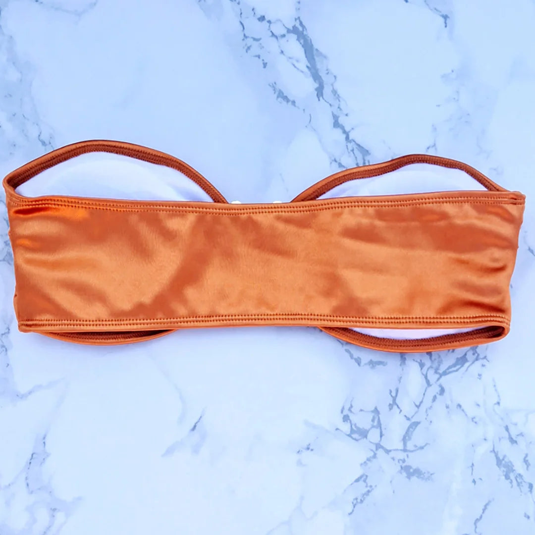 Swimwear - Bandeau 2 Piece Bikini with Satin Finish and Gold Highlights