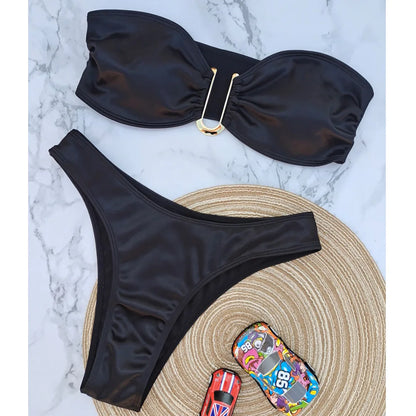 Swimwear - Bandeau 2 Piece Bikini with Satin Finish and Gold Highlights