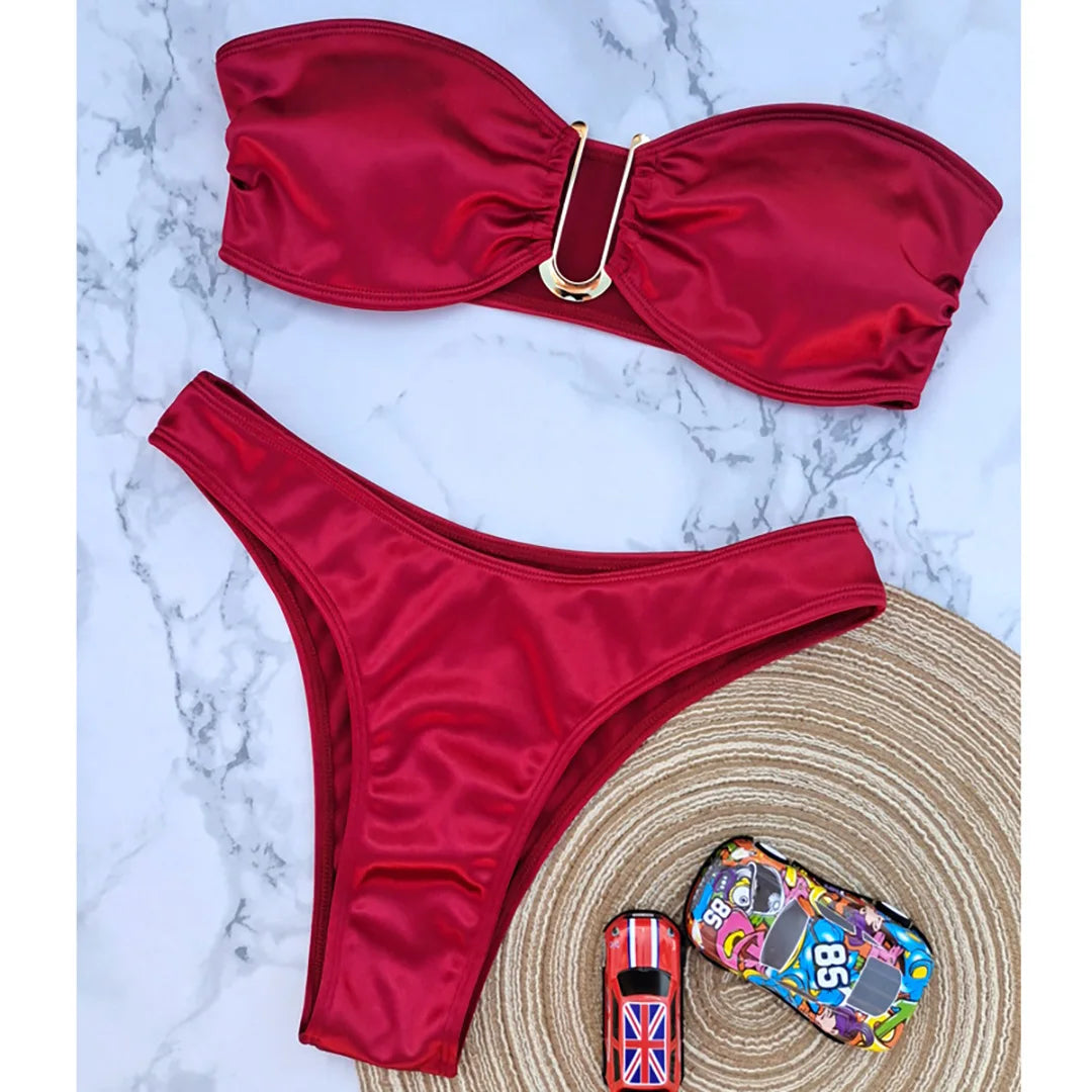 Swimwear - Bandeau 2 Piece Bikini with Satin Finish and Gold Highlights