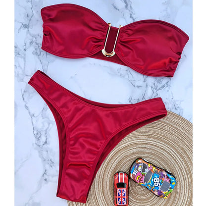 Swimwear - Bandeau 2 Piece Bikini with Satin Finish and Gold Highlights
