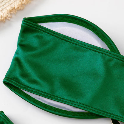 Swimwear - Bandeau 2 Piece Bikini with Satin Finish and Gold Highlights
