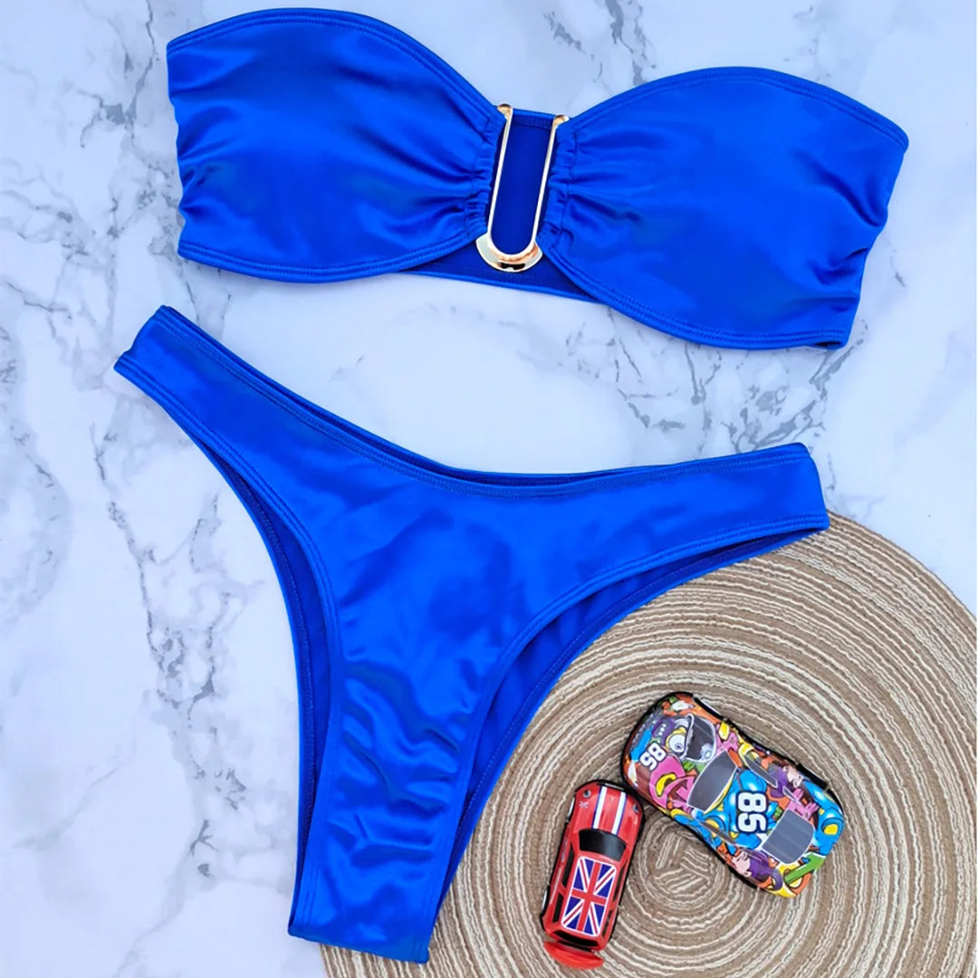 Swimwear - Bandeau 2 Piece Bikini with Satin Finish and Gold Highlights