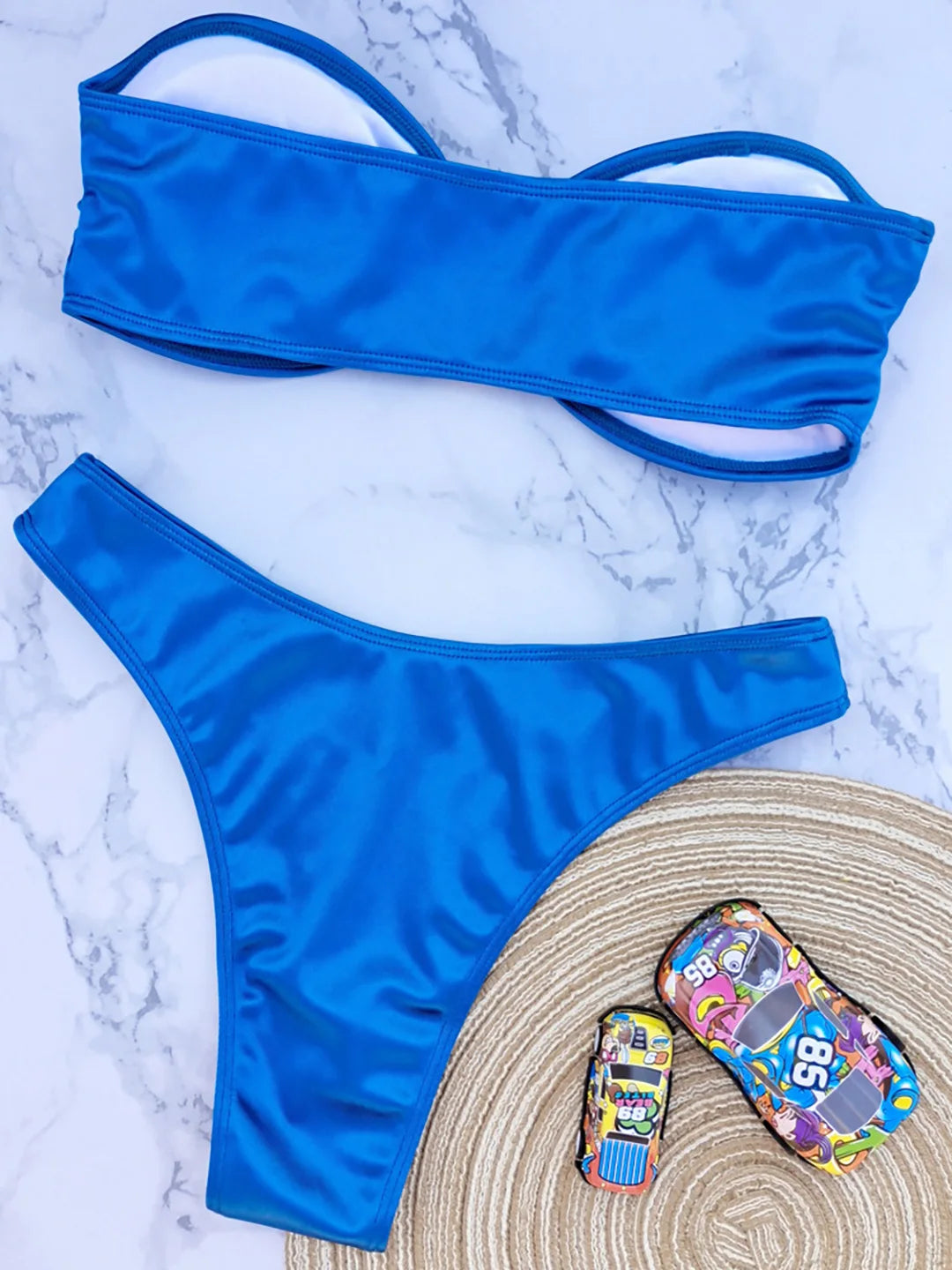 Swimwear - Bandeau 2 Piece Bikini with Satin Finish and Gold Highlights