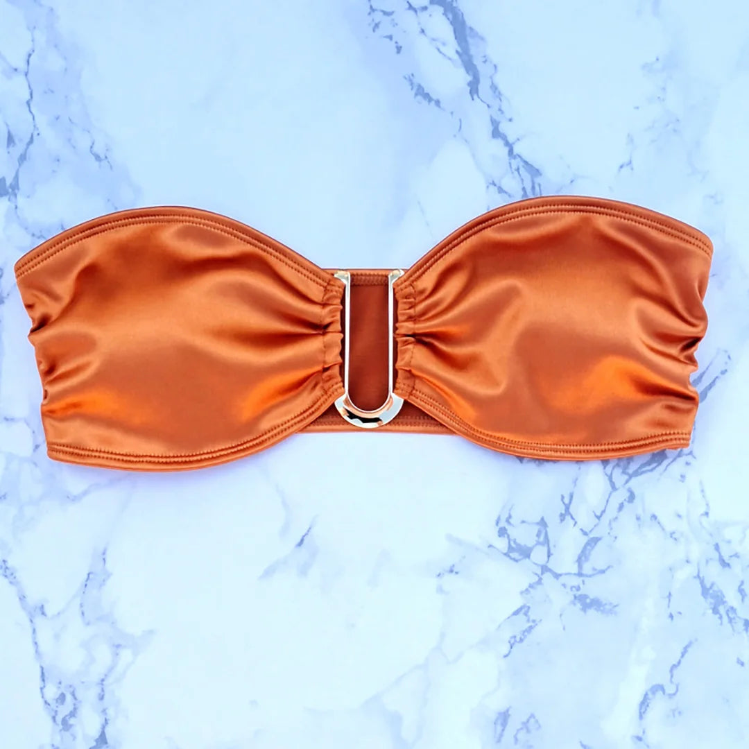 Swimwear - Bandeau 2 Piece Bikini with Satin Finish and Gold Highlights