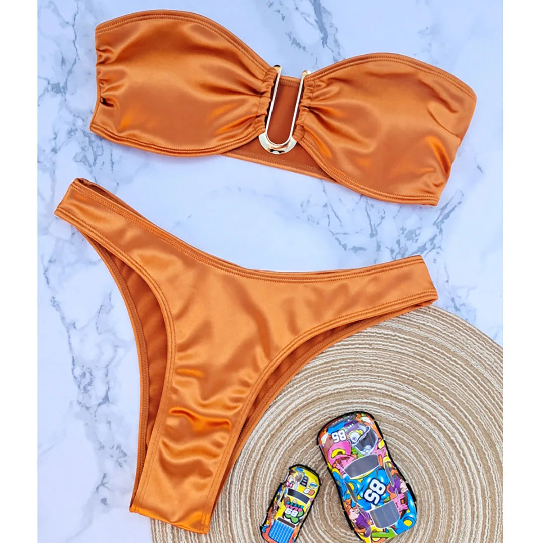 Swimwear - Bandeau 2 Piece Bikini with Satin Finish and Gold Highlights