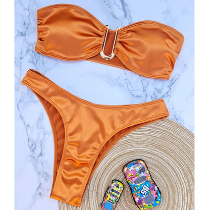 Swimwear - Bandeau 2 Piece Bikini with Satin Finish and Gold Highlights