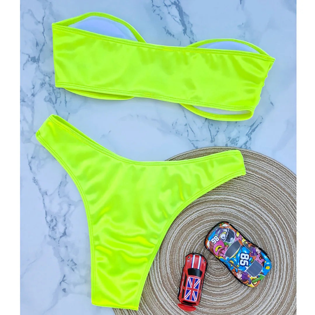 Swimwear - Bandeau 2 Piece Bikini with Satin Finish and Gold Highlights