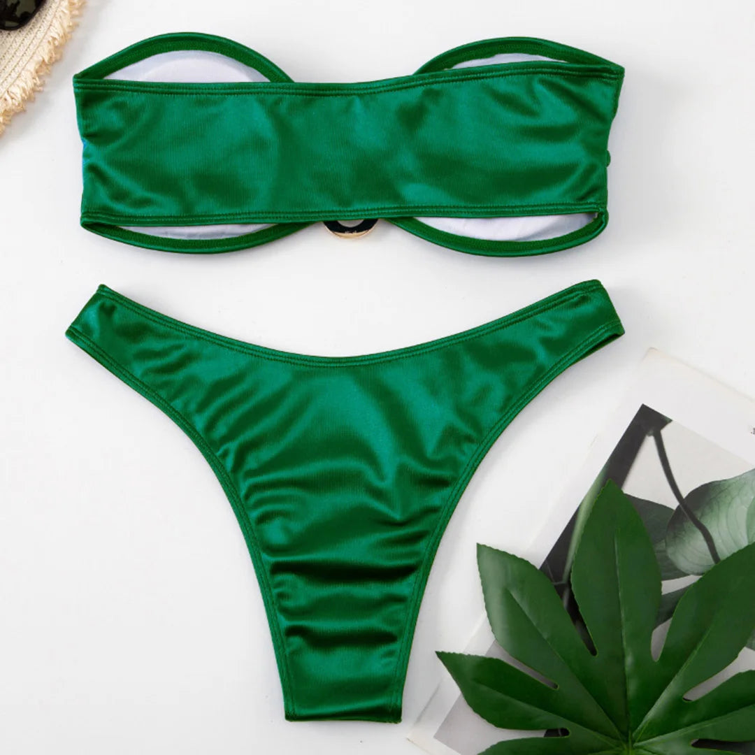 Swimwear - Bandeau 2 Piece Bikini with Satin Finish and Gold Highlights