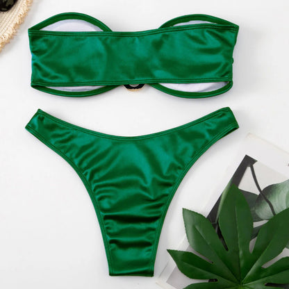 Swimwear - Bandeau 2 Piece Bikini with Satin Finish and Gold Highlights